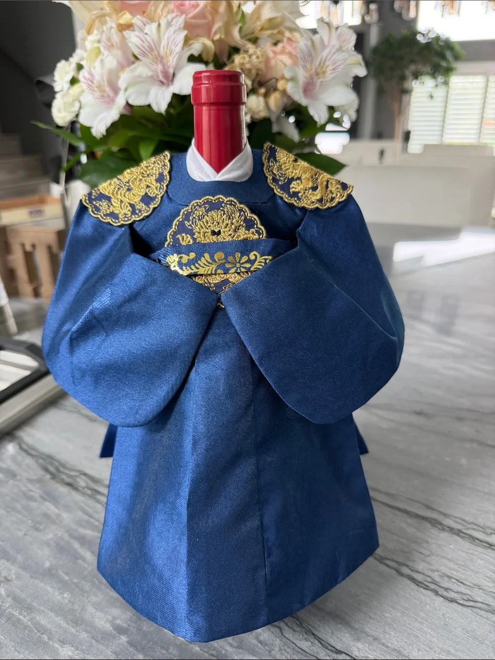 Navy Blue Wine Bottle Robe with Gold Embroidery